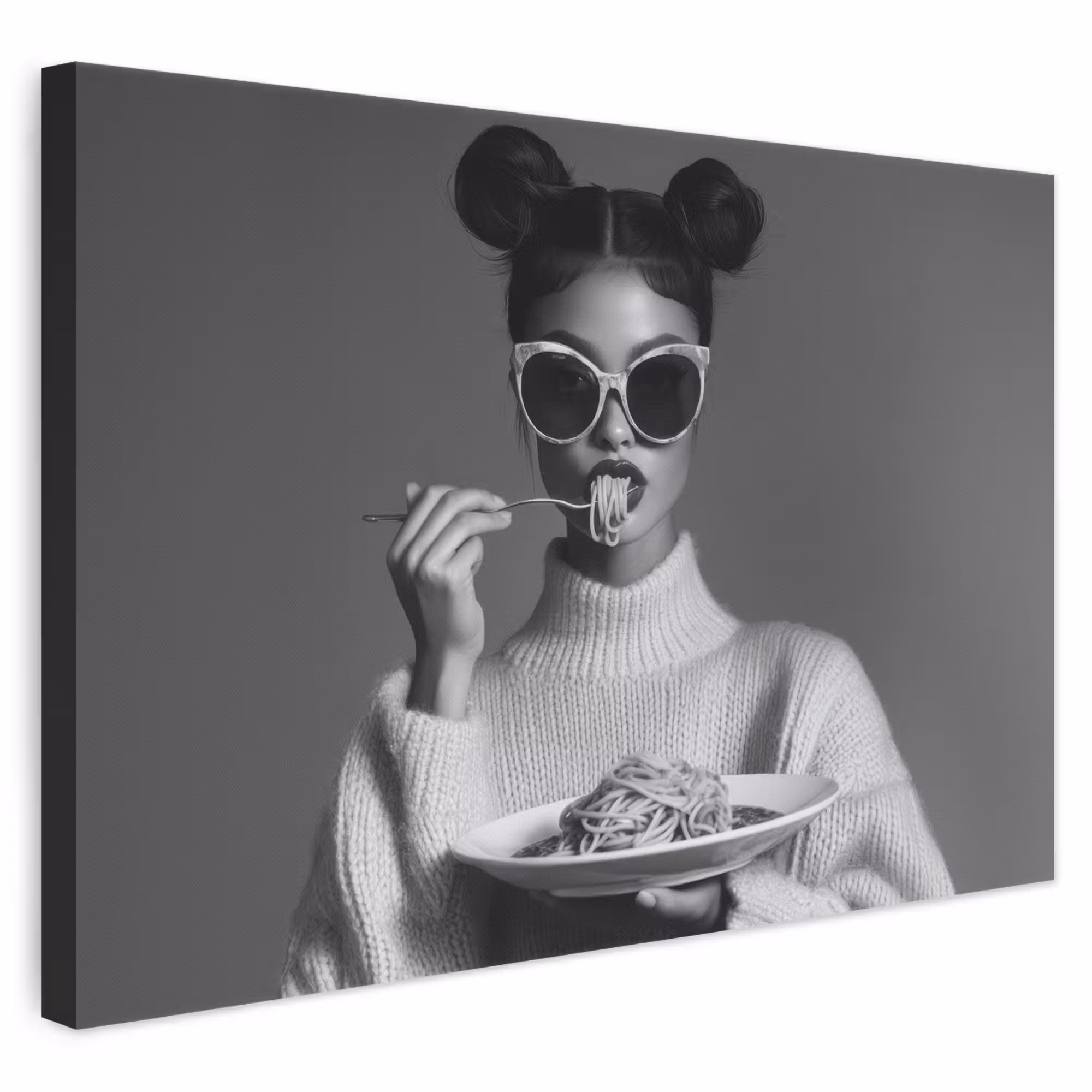 Leinwandbild - Frau - Nudeln - Sonnenbrille