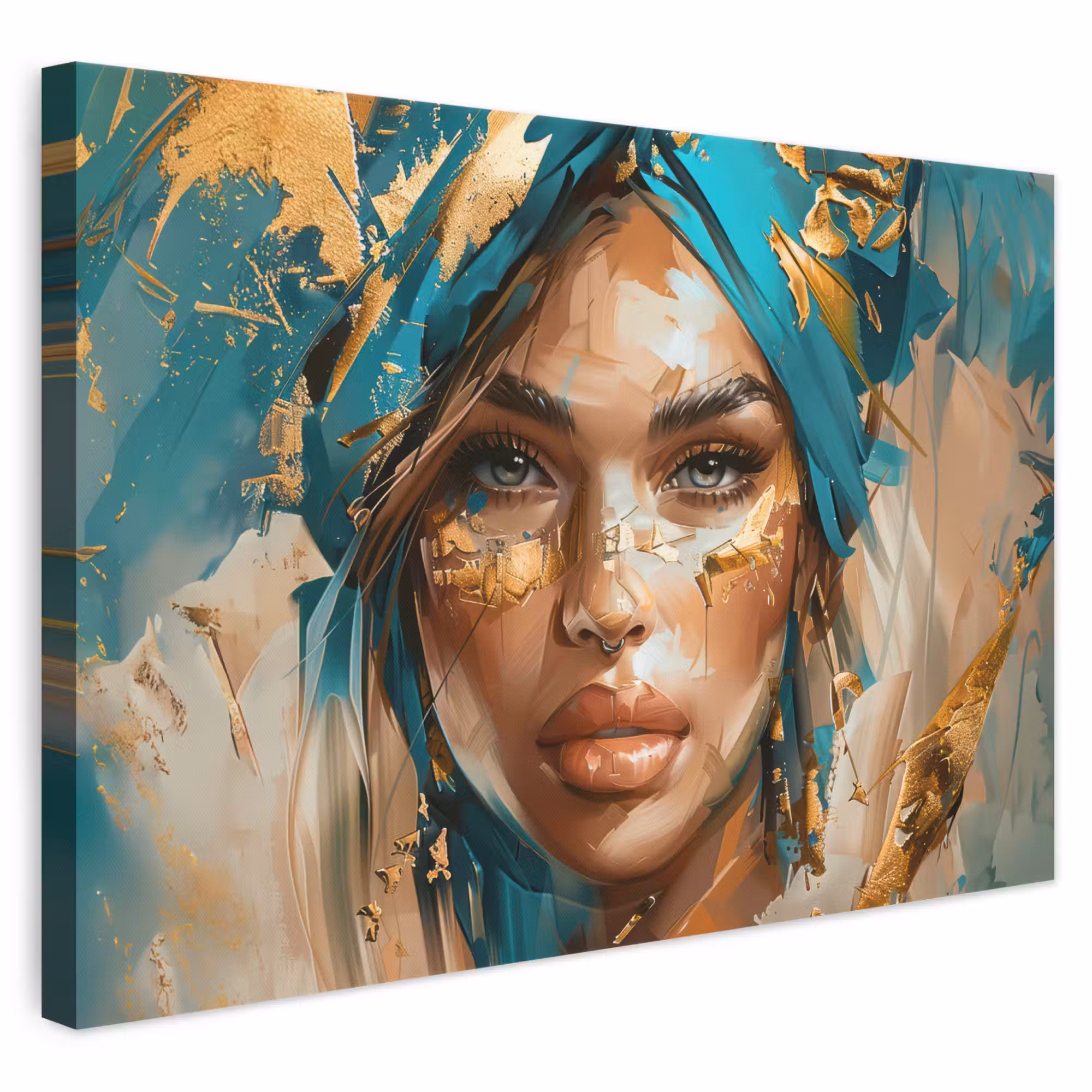 Leinwandbild - Frau - Porträt - Gold - Luxus - Blau