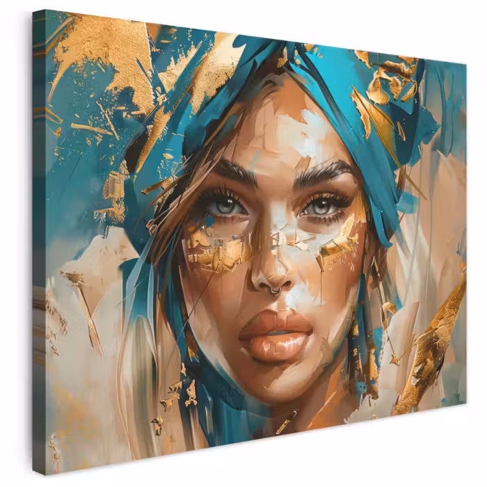 Leinwandbild - Frau - Porträt - Gold - Luxus - Blau