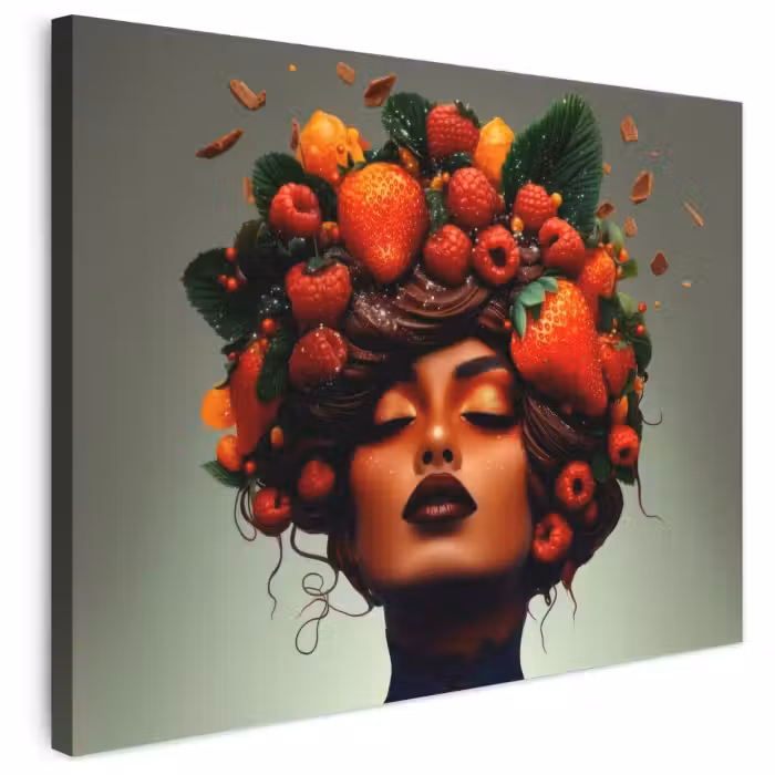 Leinwandbild - Frau - Schokolade - Himbeeren - Erdbeeren - Kekse