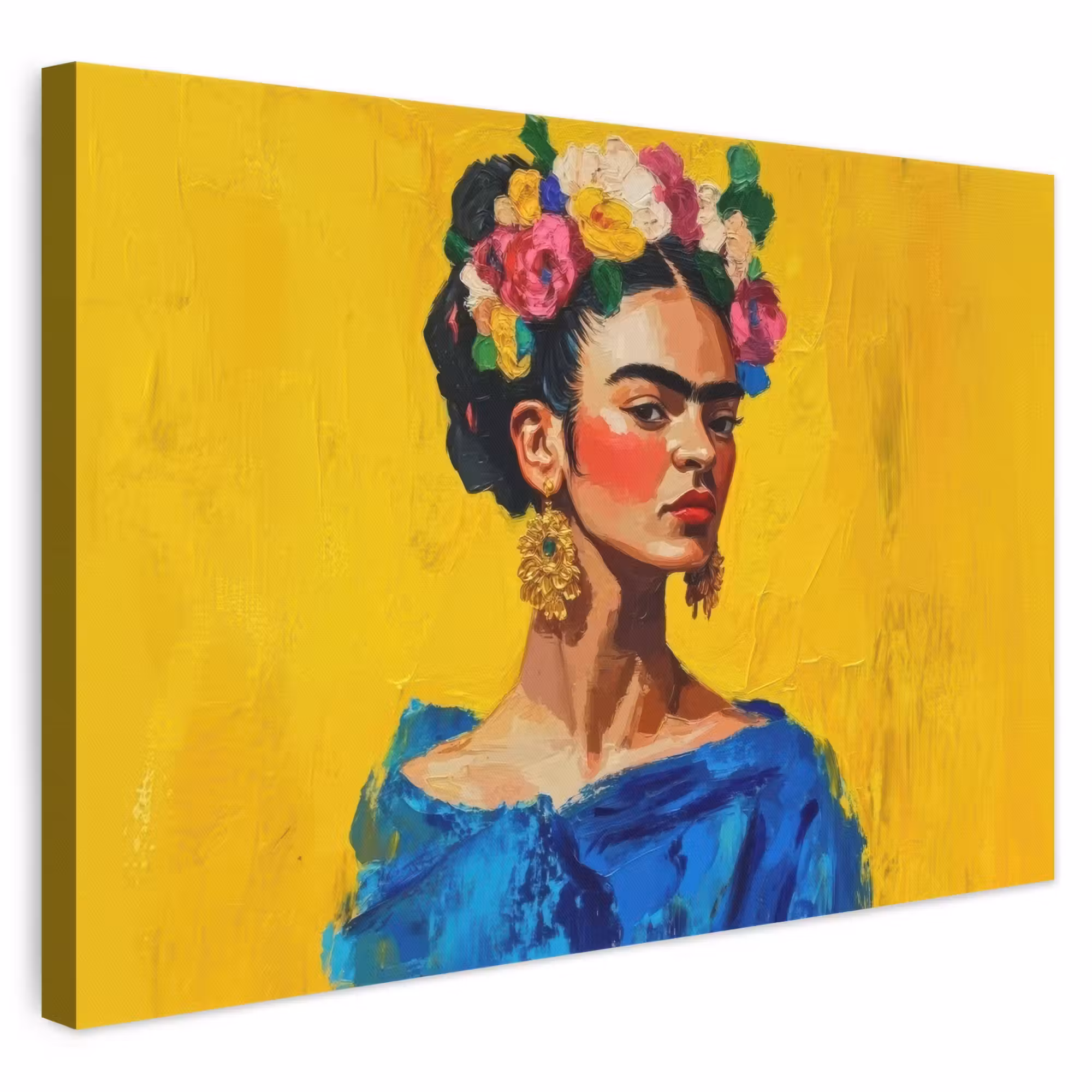 Leinwandbild - Frida Kahlo - Frau - Gelb - Blau - Blumen