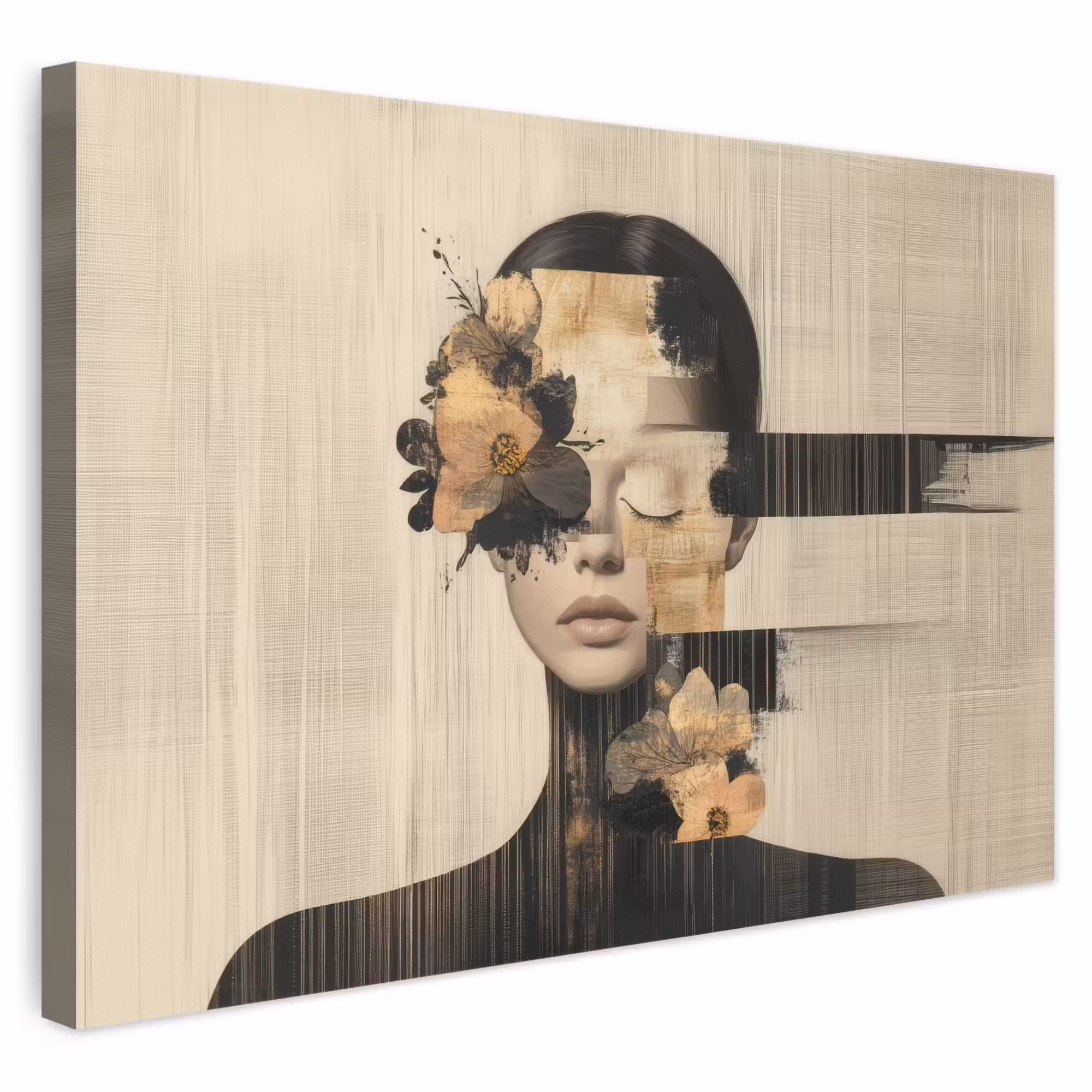 Leinwandbild - Gesicht - Blumen - Schwarz - Frau