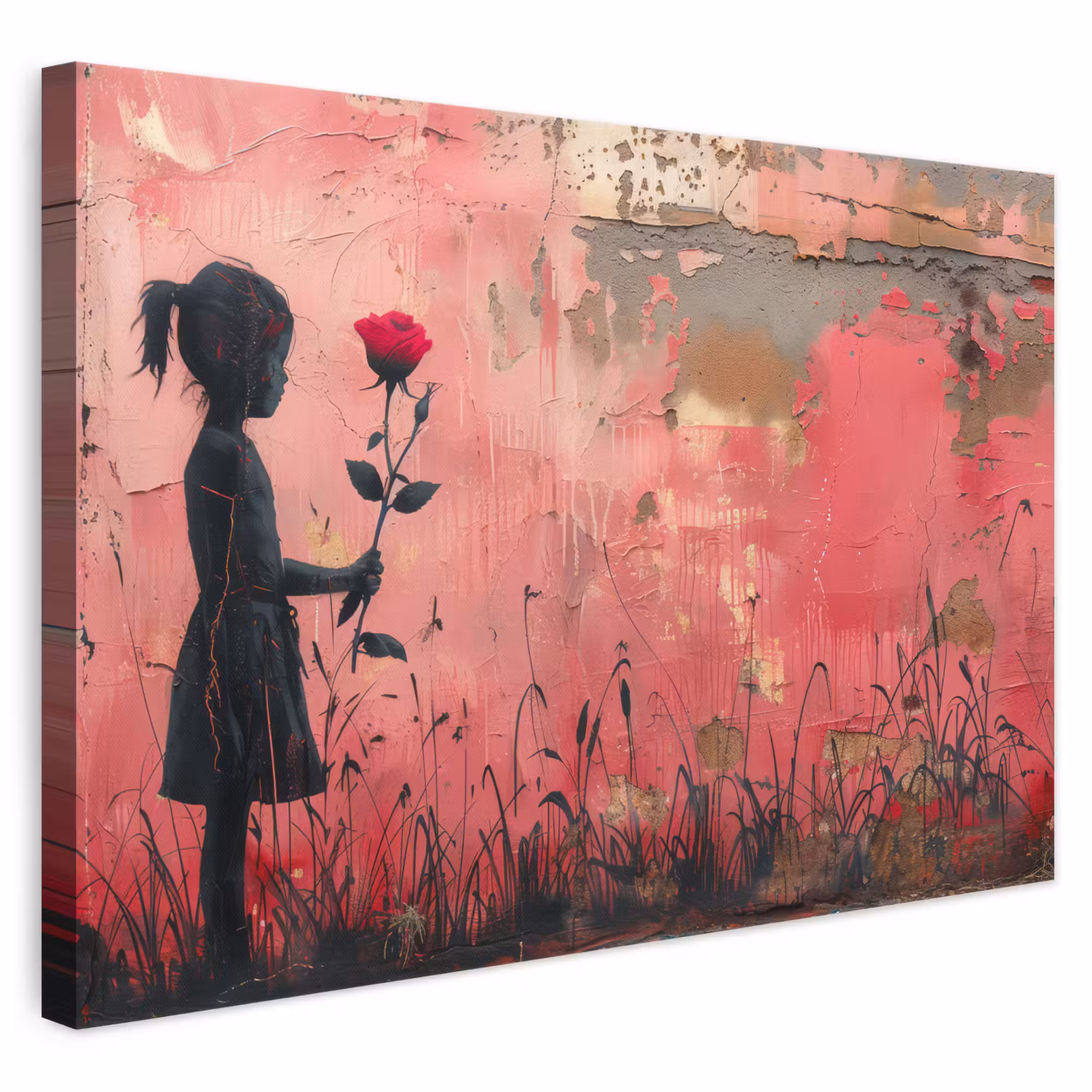 Leinwandbild - Graffiti - Mädchen - Rosa - Straßenkunst - Rose - Banksy