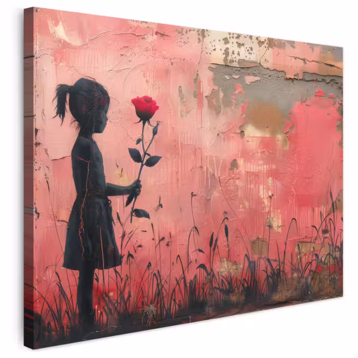 Leinwandbild - Graffiti - Mädchen - Rosa - Straßenkunst - Rose - Banksy