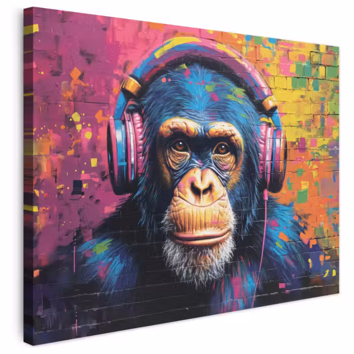 Leinwandbild - Graffiti - Schimpanse - Straßenkunst - Kopfhörer - Affe