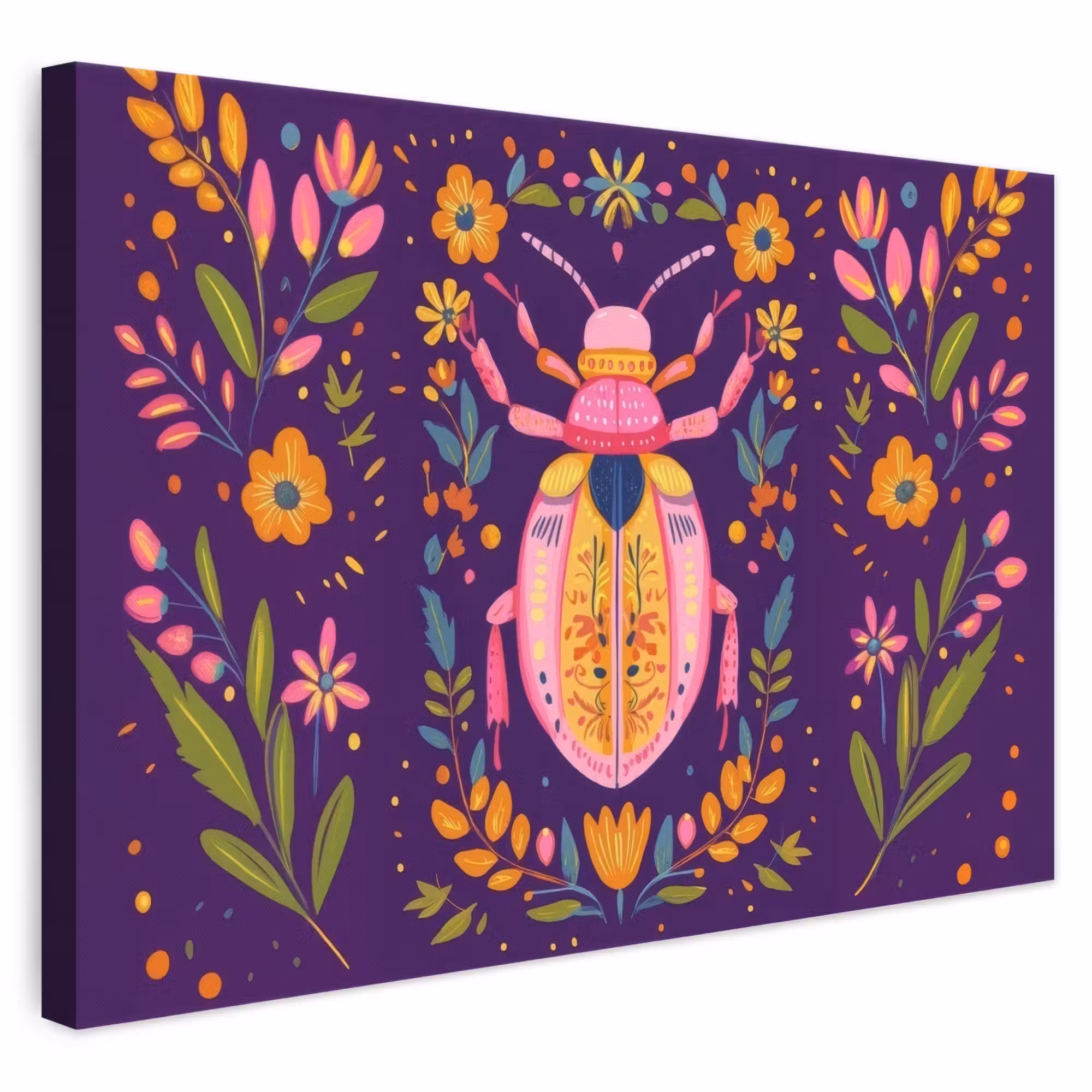 Leinwandbild - Käfer - Leuchtend bunt - Blüten - Blätter