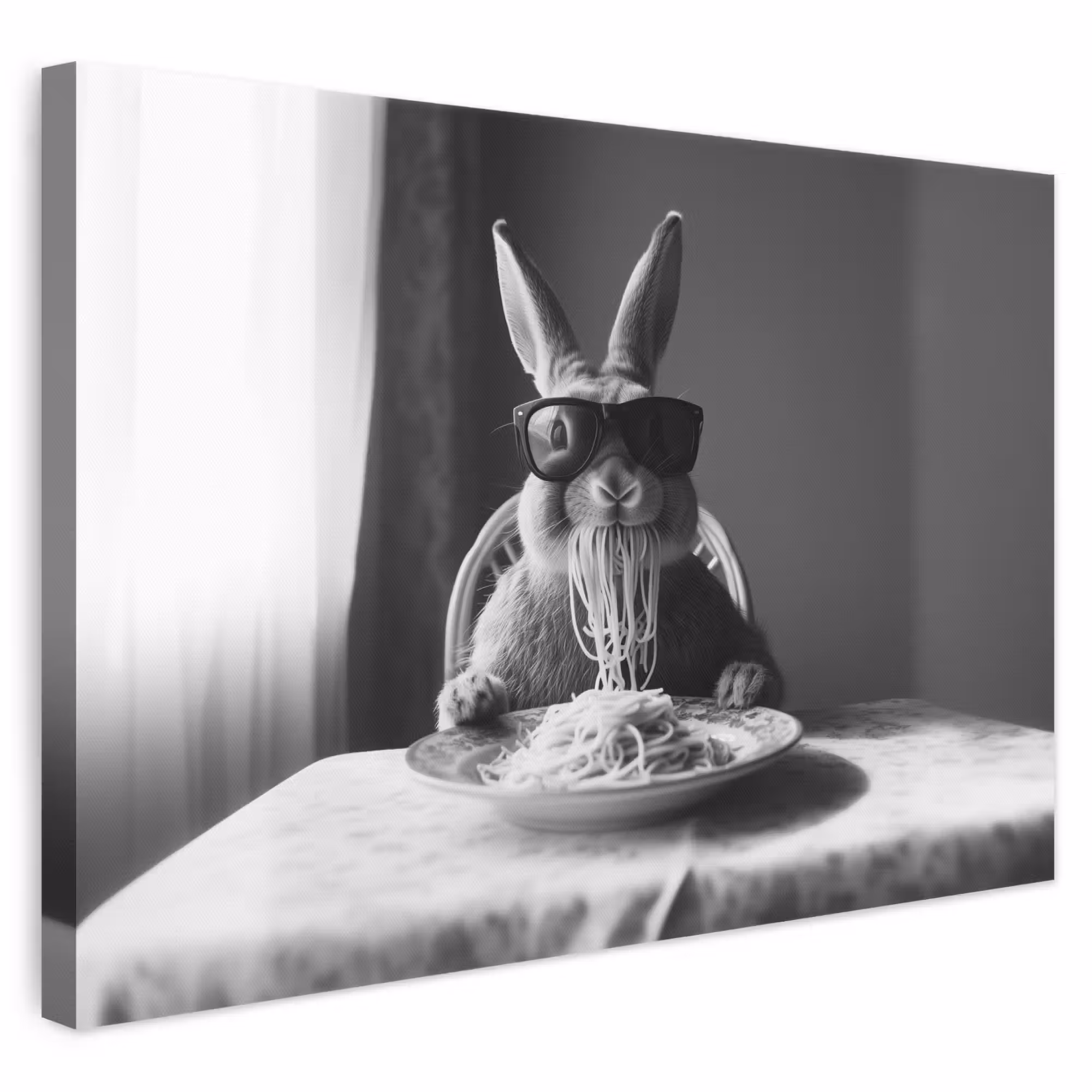 Leinwandbild - Kaninchen - Hase - Sonnenbrille - Tischtuch - Nudeln - Niedlich