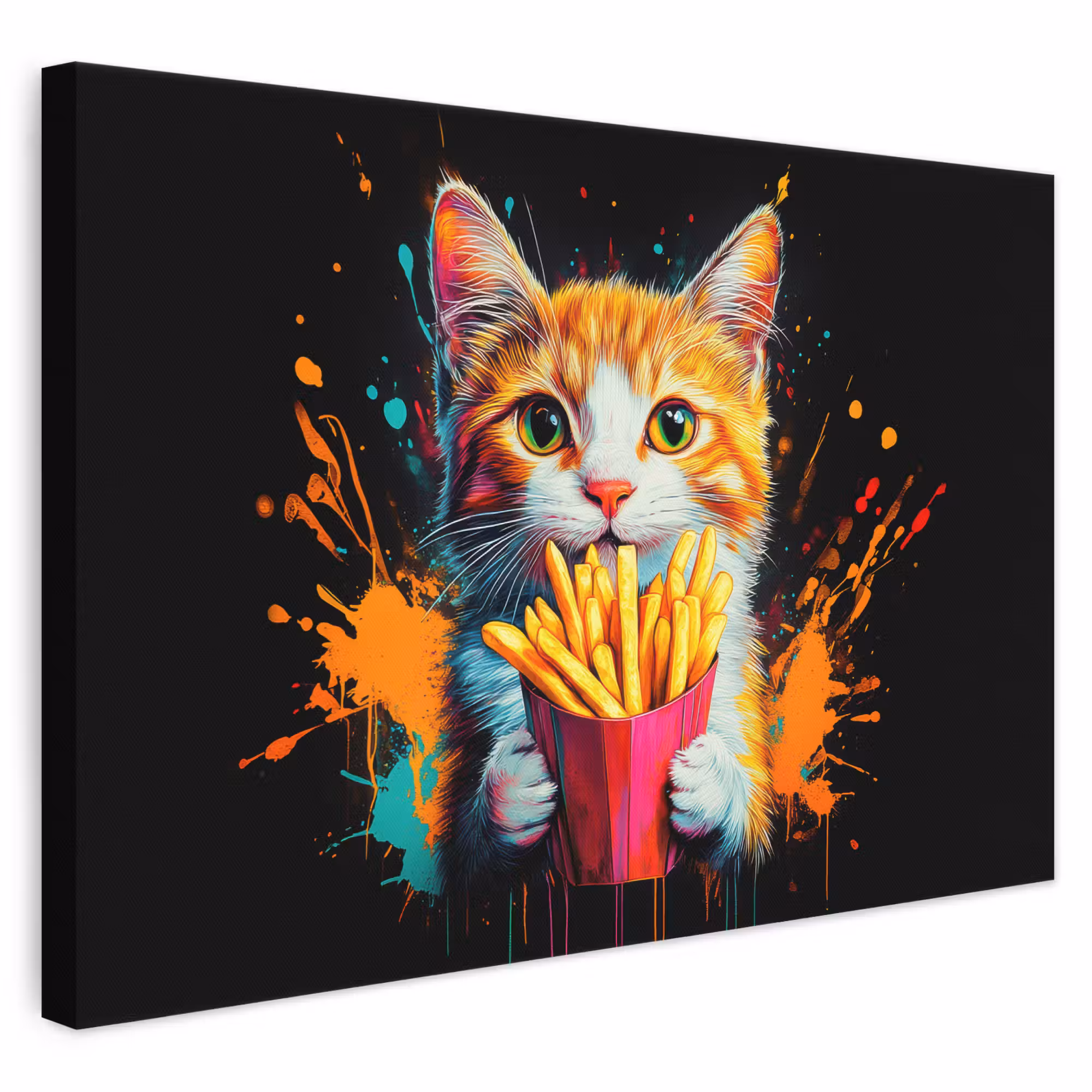 Leinwandbild - Katze - Essen - Pommes frites - Graffiti - Abstrakt