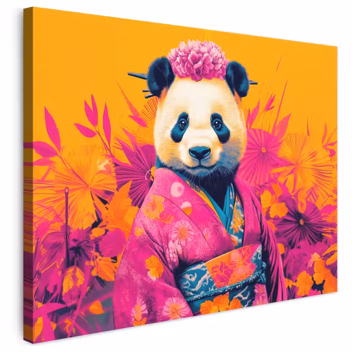 Leinwandbild - Kimono - Rosa - Panda - Blumenkrone