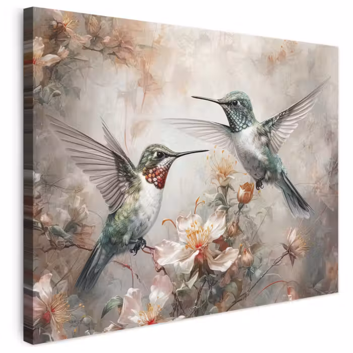 Leinwandbild - Kolibri - Vögel - Blumen - Pflanzen