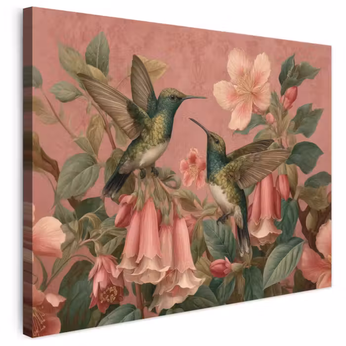 Leinwandbild - Kolibris - Blumen - Grün - Rosa