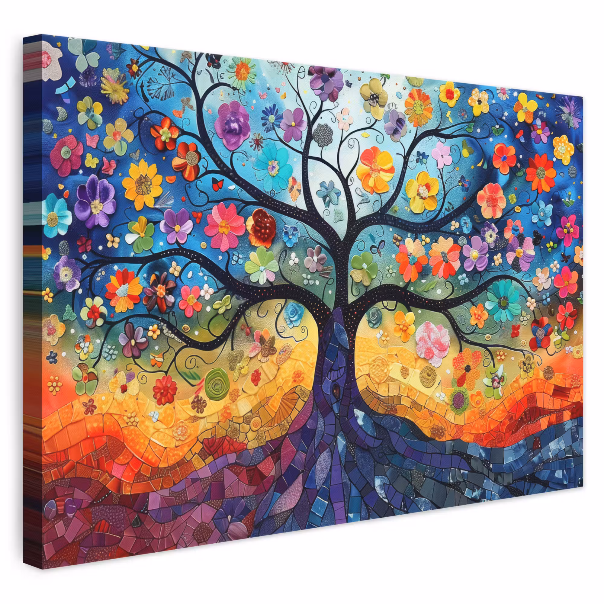 Leinwandbild - Kunst - Baum des Lebens - Blumen - Hippie