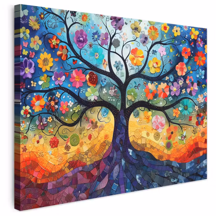 Leinwandbild - Kunst - Baum des Lebens - Blumen - Hippie