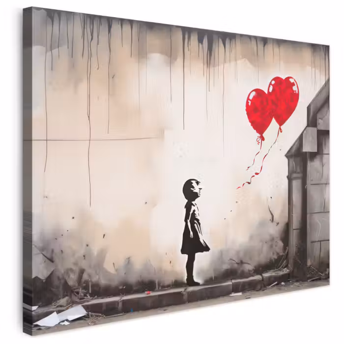 Leinwandbild - Kunst - Mädchen - Luftballons - Herz - Grau