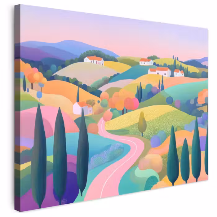 Leinwandbild - Landschaft - Lila - Pastell - Häuser