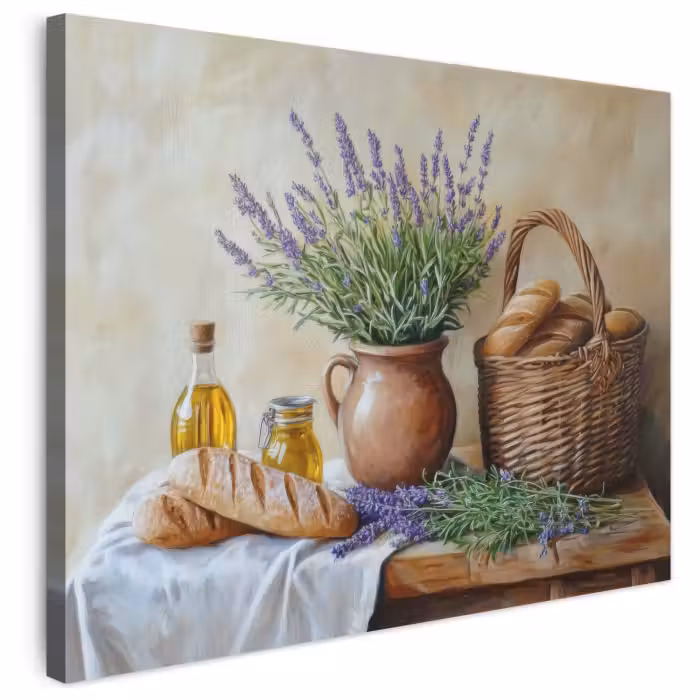 Leinwandbild - Lavendel - Brot - Stilleben