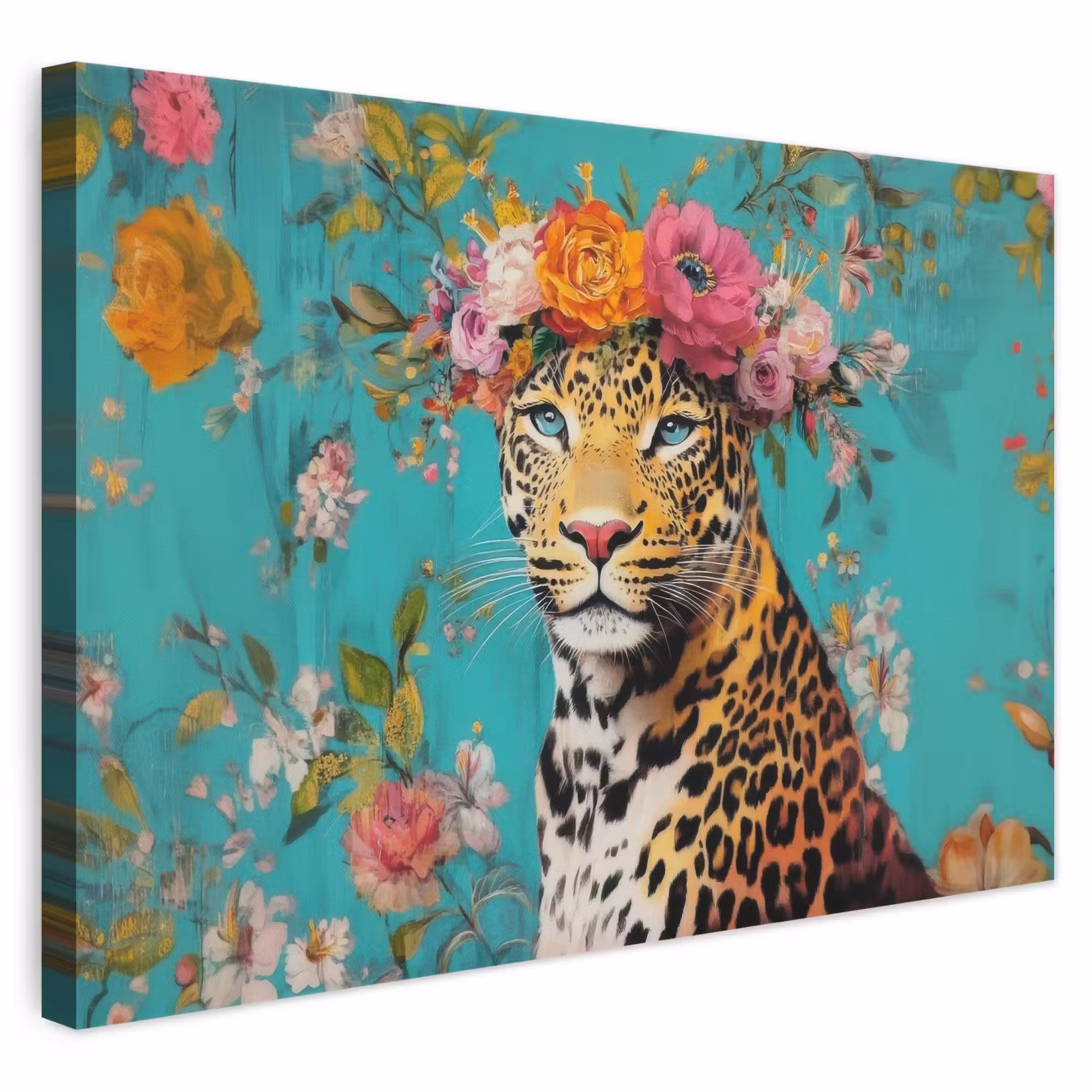 Leinwandbild - Leopard - Blumen - Krone
