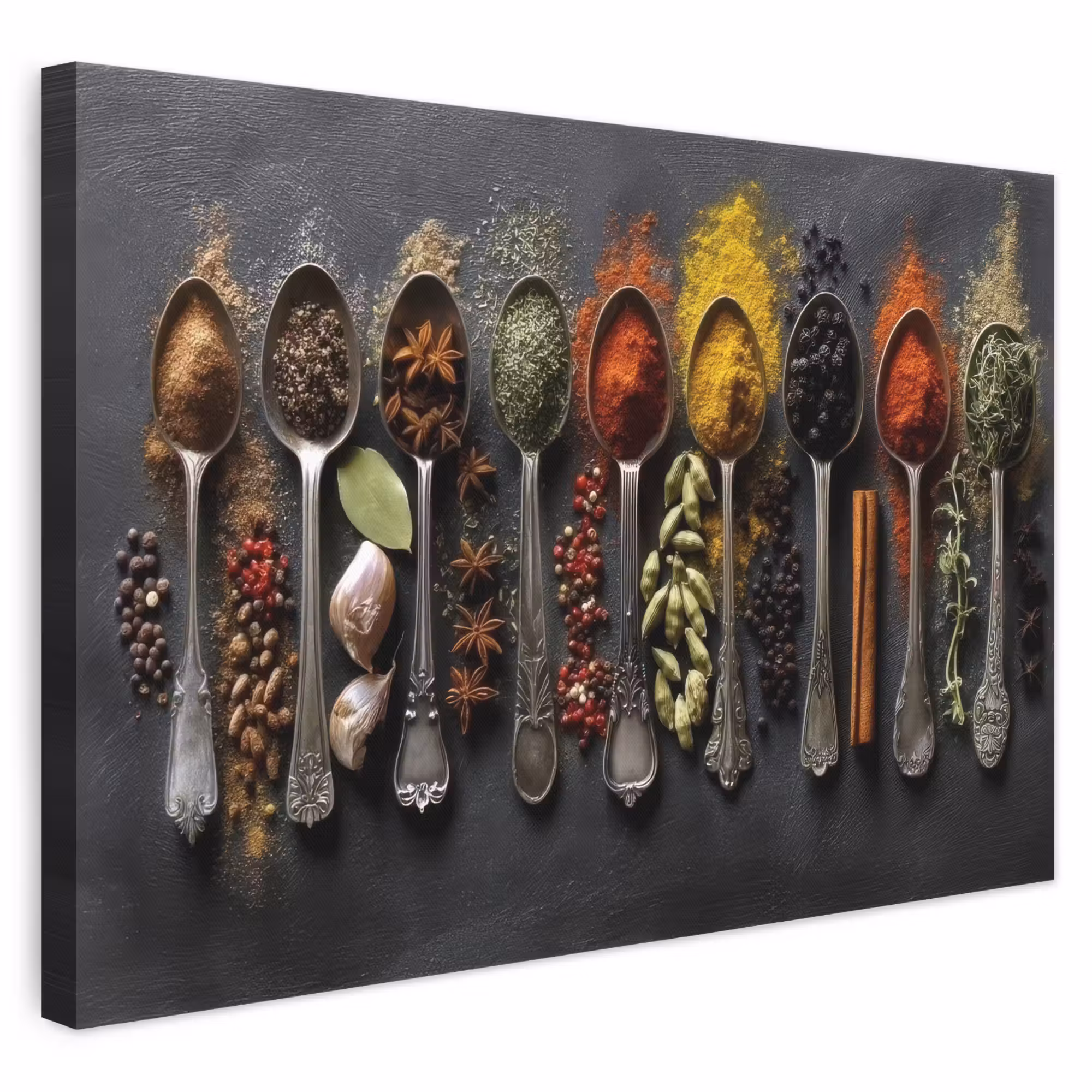 Leinwandbild - Löffel - Gewürze - Zimt - Chili