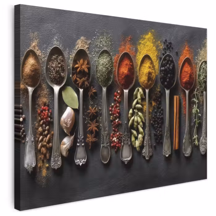 Leinwandbild - Löffel - Gewürze - Zimt - Chili