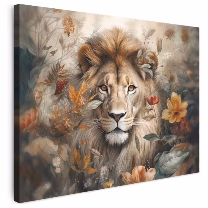 Leinwandbild - Löwe - Wildtiere - Pflanzen - Natur - Blumen