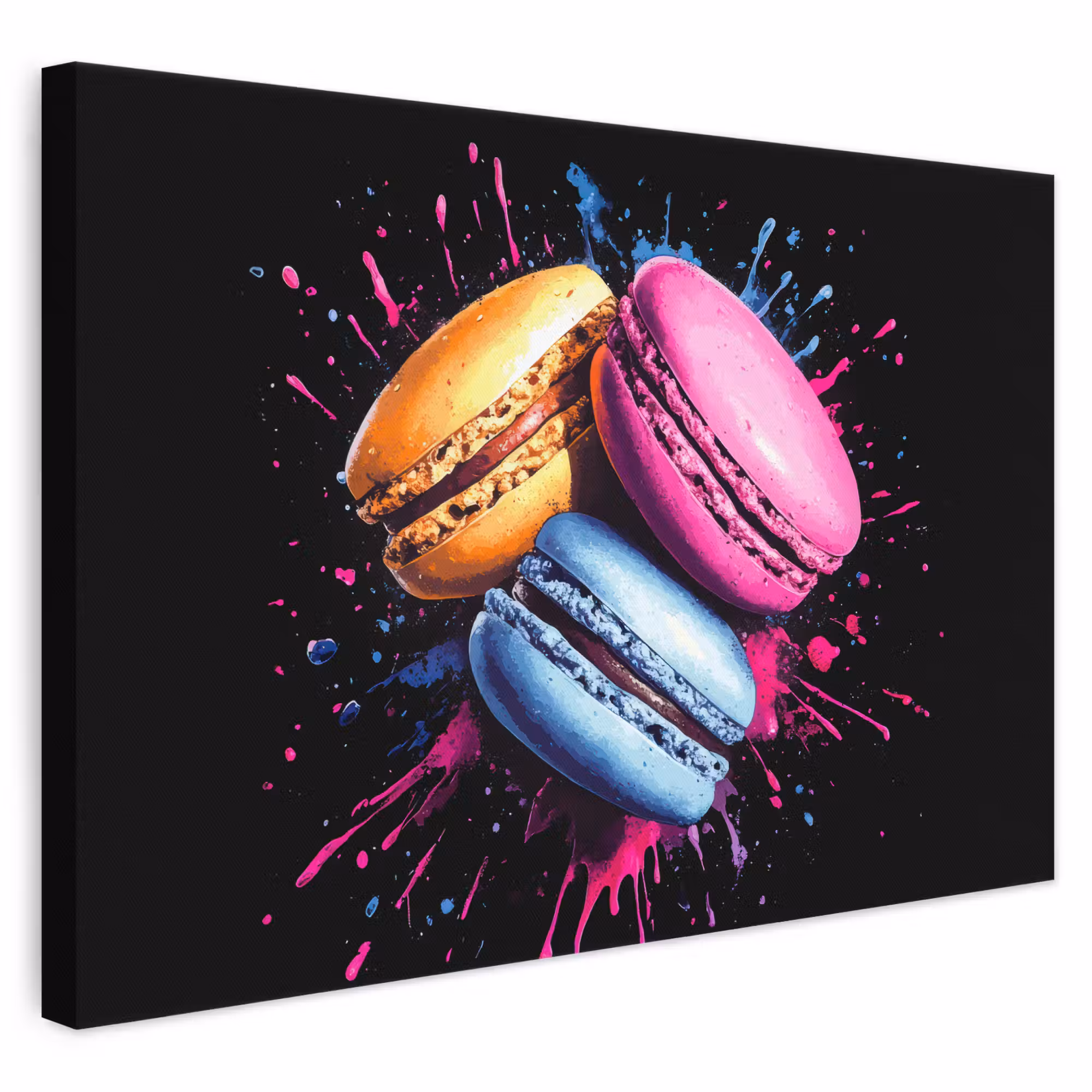 Leinwandbild - Makronen - Dessert - Graffiti - Bunt - Rosa - Blau - Gelb
