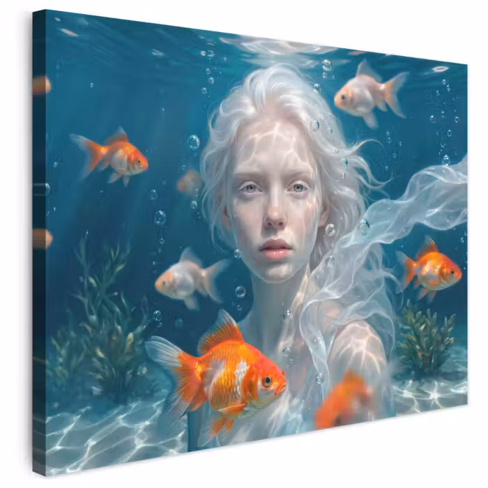 Leinwandbild - Mensch – Unterwasser – Fisch – Modern – Blau