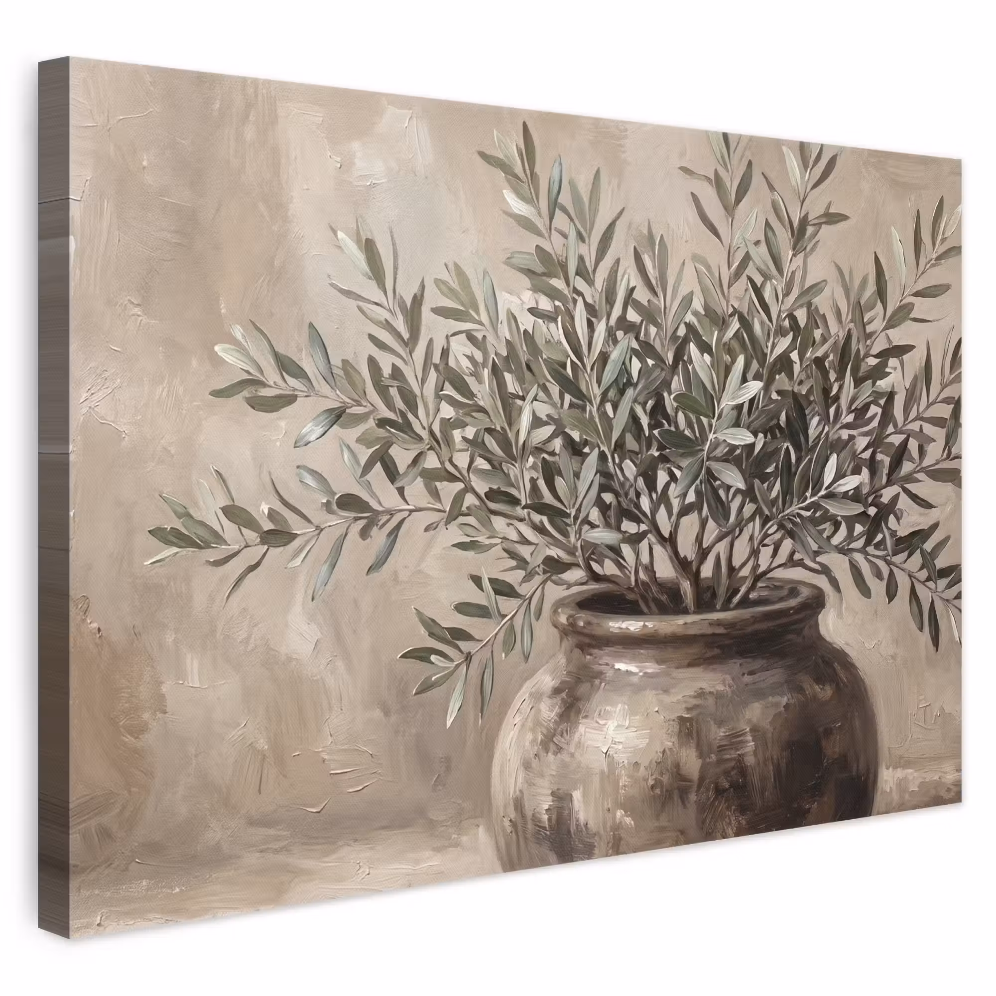 Leinwandbild - Olivenpflanze - Tontopf - Abstrakt - Beige