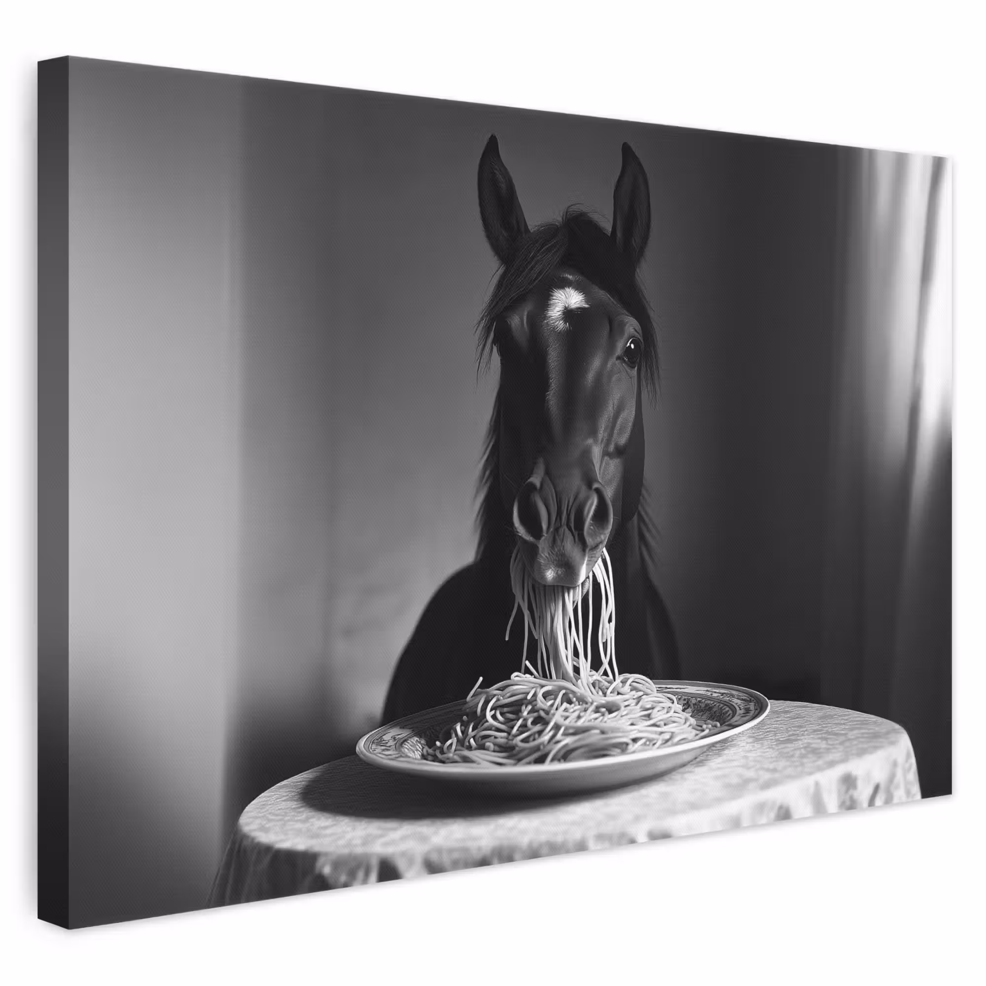 Leinwandbild - Pferd - Teller - Pasta - Tischtuch - Schwarz und weiß - Tiere