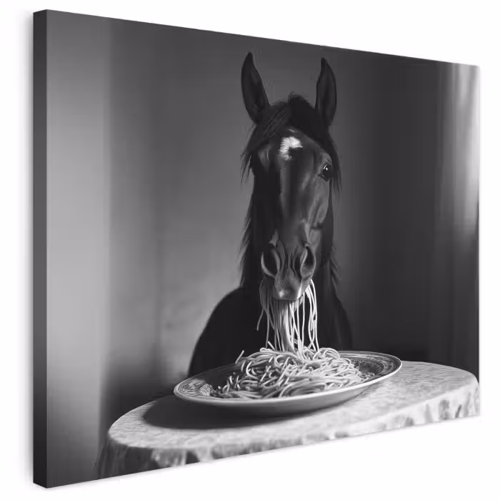 Leinwandbild - Pferd - Teller - Pasta - Tischtuch - Schwarz und weiß - Tiere