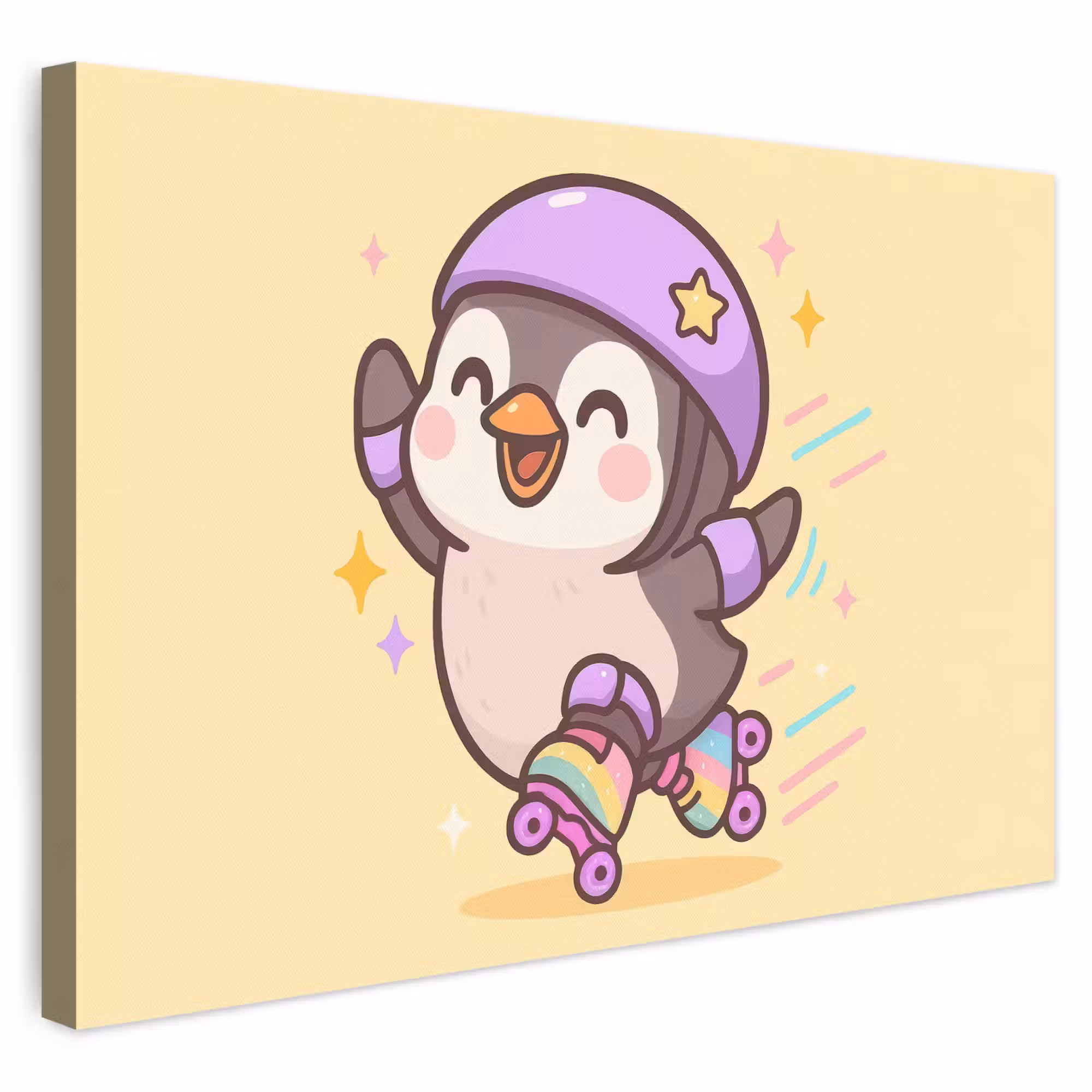 Leinwandbild - Pinguin - Rollschuhe - Gelb - Energetisch