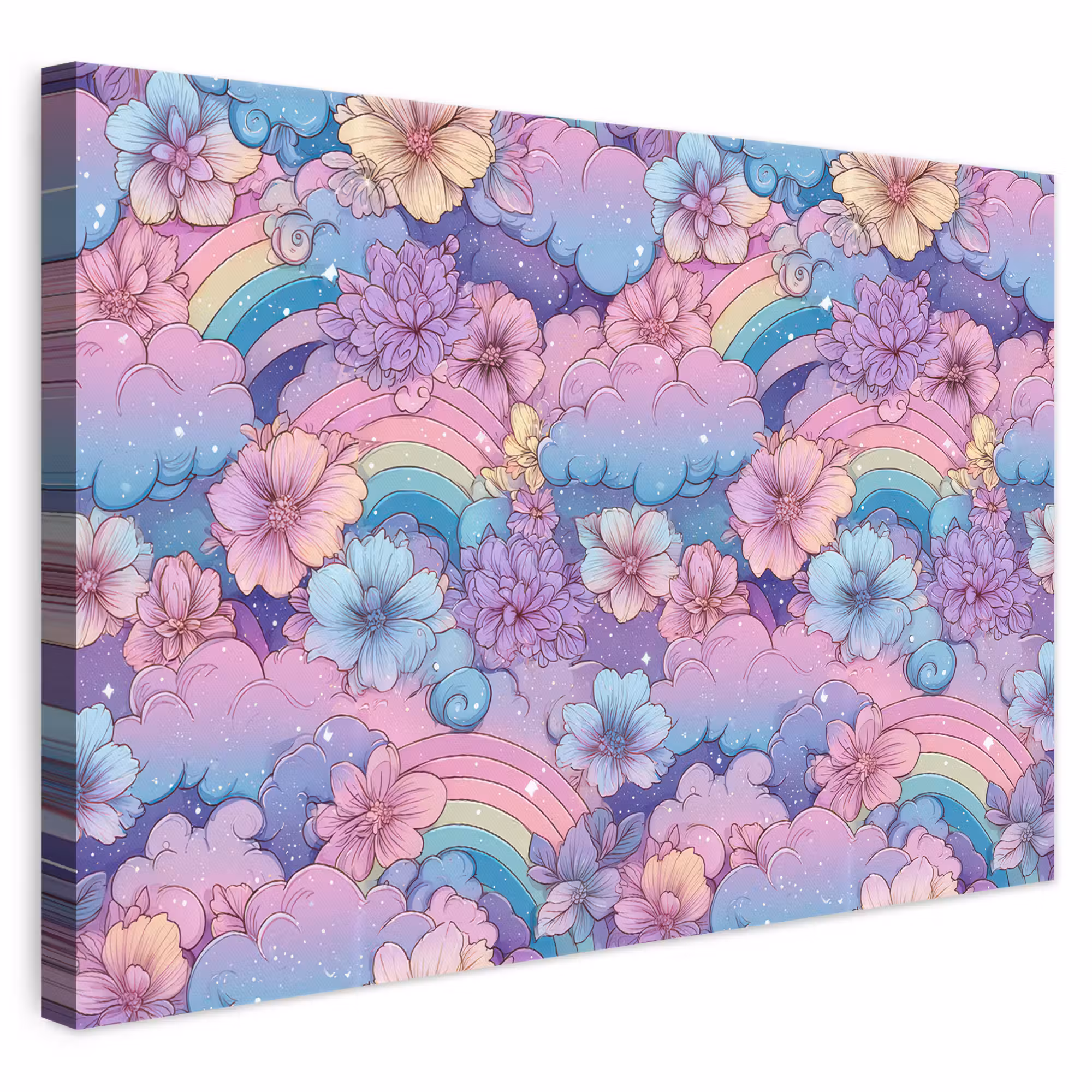 Leinwandbild - Regenbögen - Blumen - Farbenfroh - Wolken