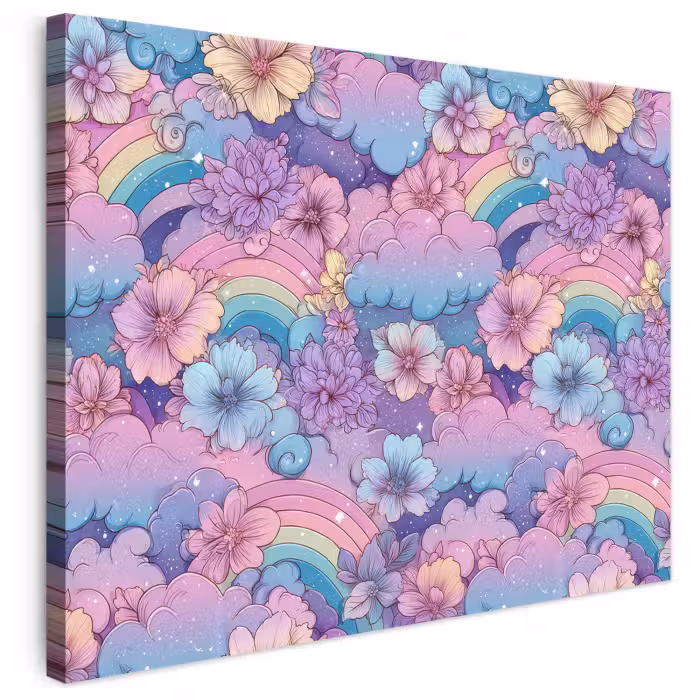 Leinwandbild - Regenbögen - Blumen - Farbenfroh - Wolken