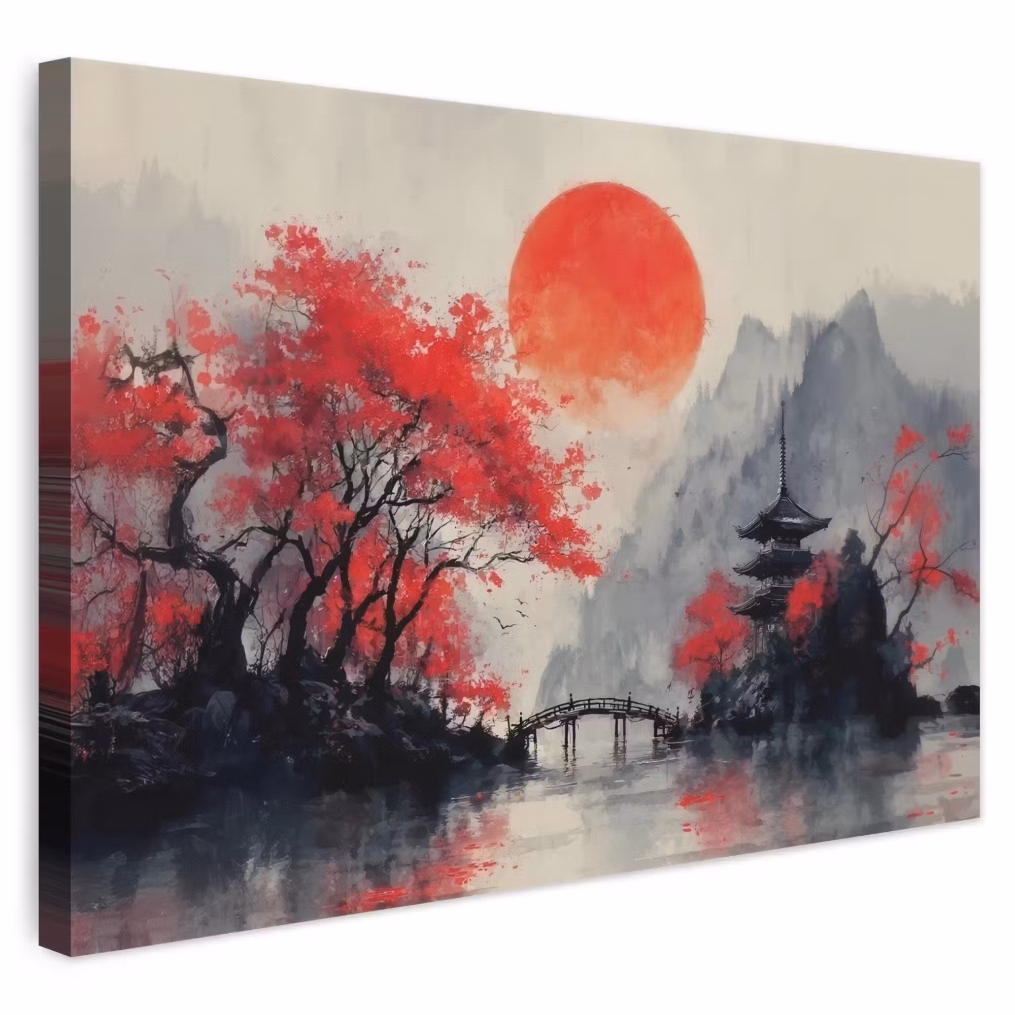 Leinwandbild - Rote Sonne - Fluss - Brücke - Bäume