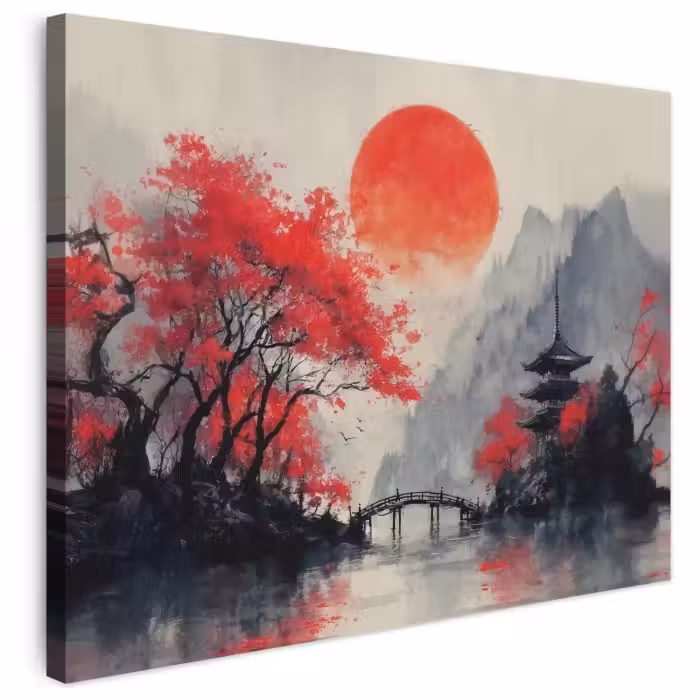 Leinwandbild - Rote Sonne - Fluss - Brücke - Bäume