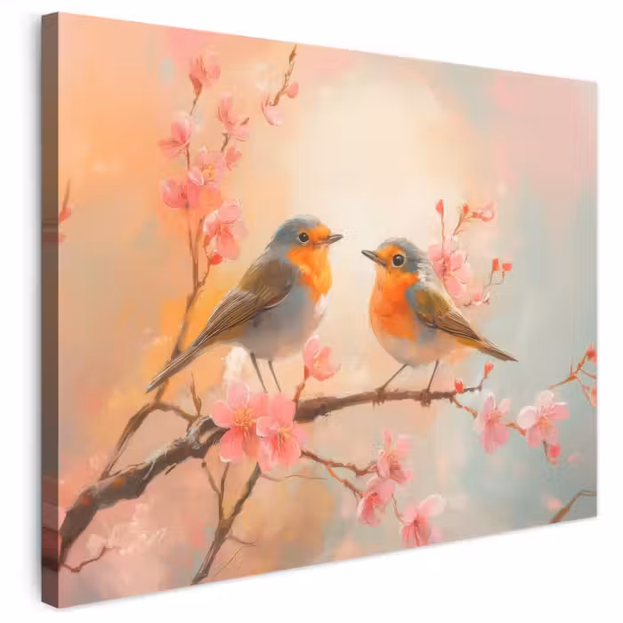 Leinwandbild - Rotkehlchen - Zierpflanze - Blütenzweig