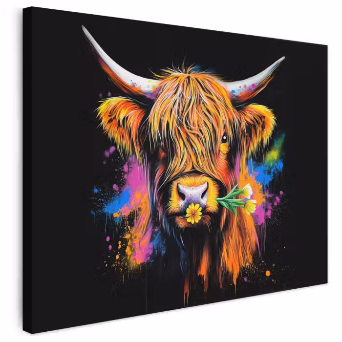 Leinwandbild - Schottischer Highlander - Graffiti - Bunt - Blume - Tiere