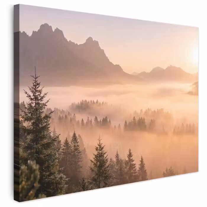 Leinwandbild - Sonnenlicht - Nebel - Berge - Bäume