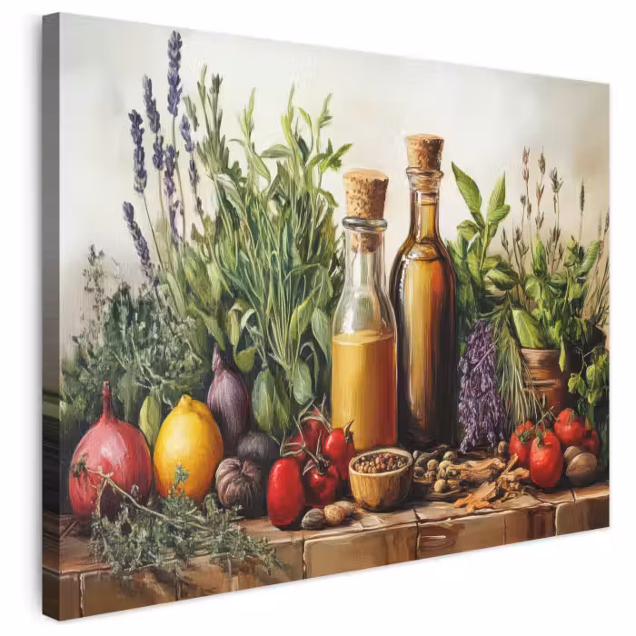 Leinwandbild - Stilleben - Kräuter - Gewürze - Früchte - Farbenfroh