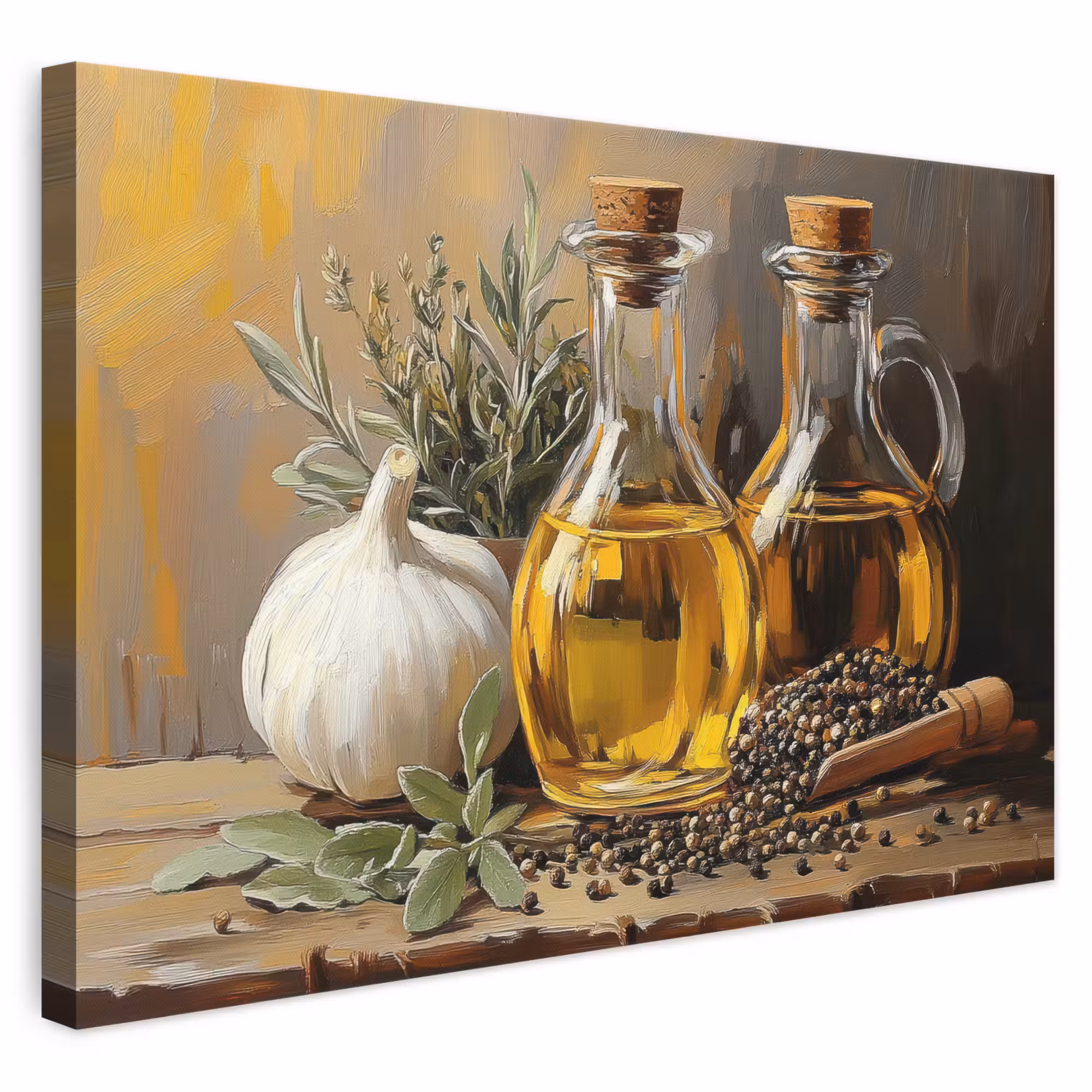 Leinwandbild - Stilleben - Olivenöl - Knoblauch - Kräuter
