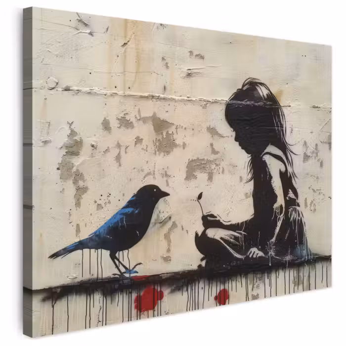 Leinwandbild - Straßenkunst - Mädchen - Vogel - Graffiti - Banksy
