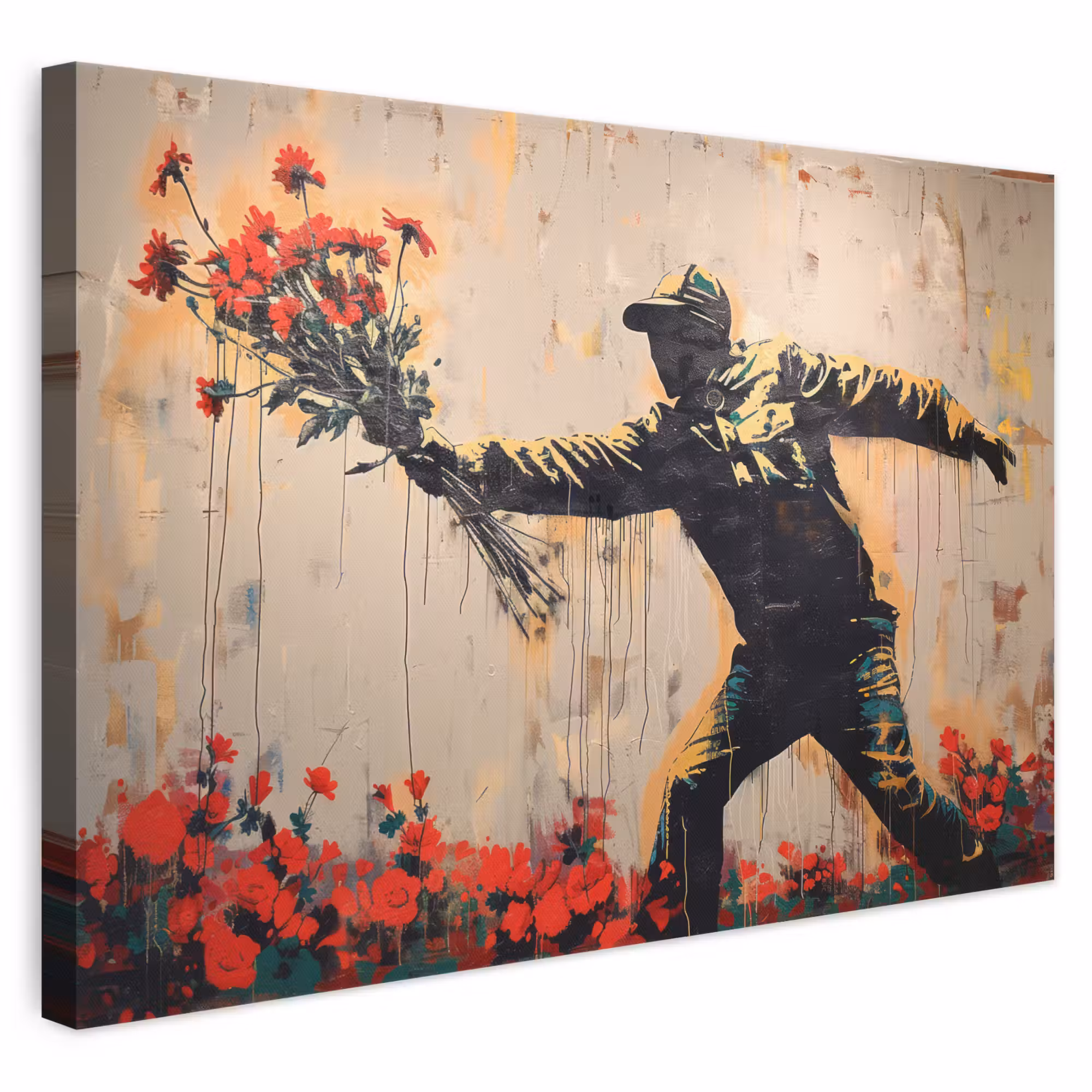 Leinwandbild - Straßenkunst - Mann - Blumen - Rot - Graffiti - Banksy