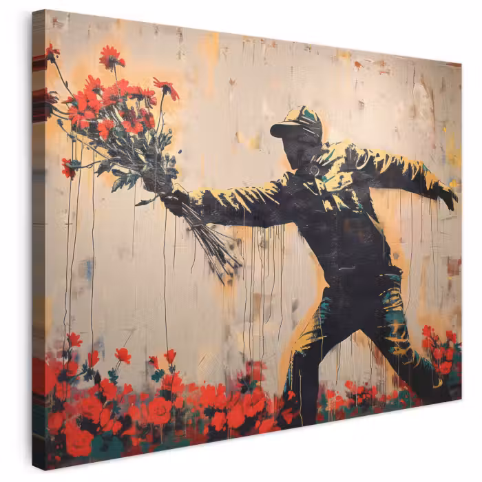 Leinwandbild - Straßenkunst - Mann - Blumen - Rot - Graffiti - Banksy