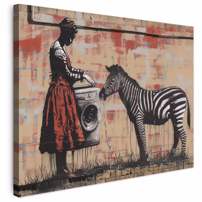 Leinwandbild - Straßenkunst - Zebra - Frau - Tiere - Graffiti - Banksy