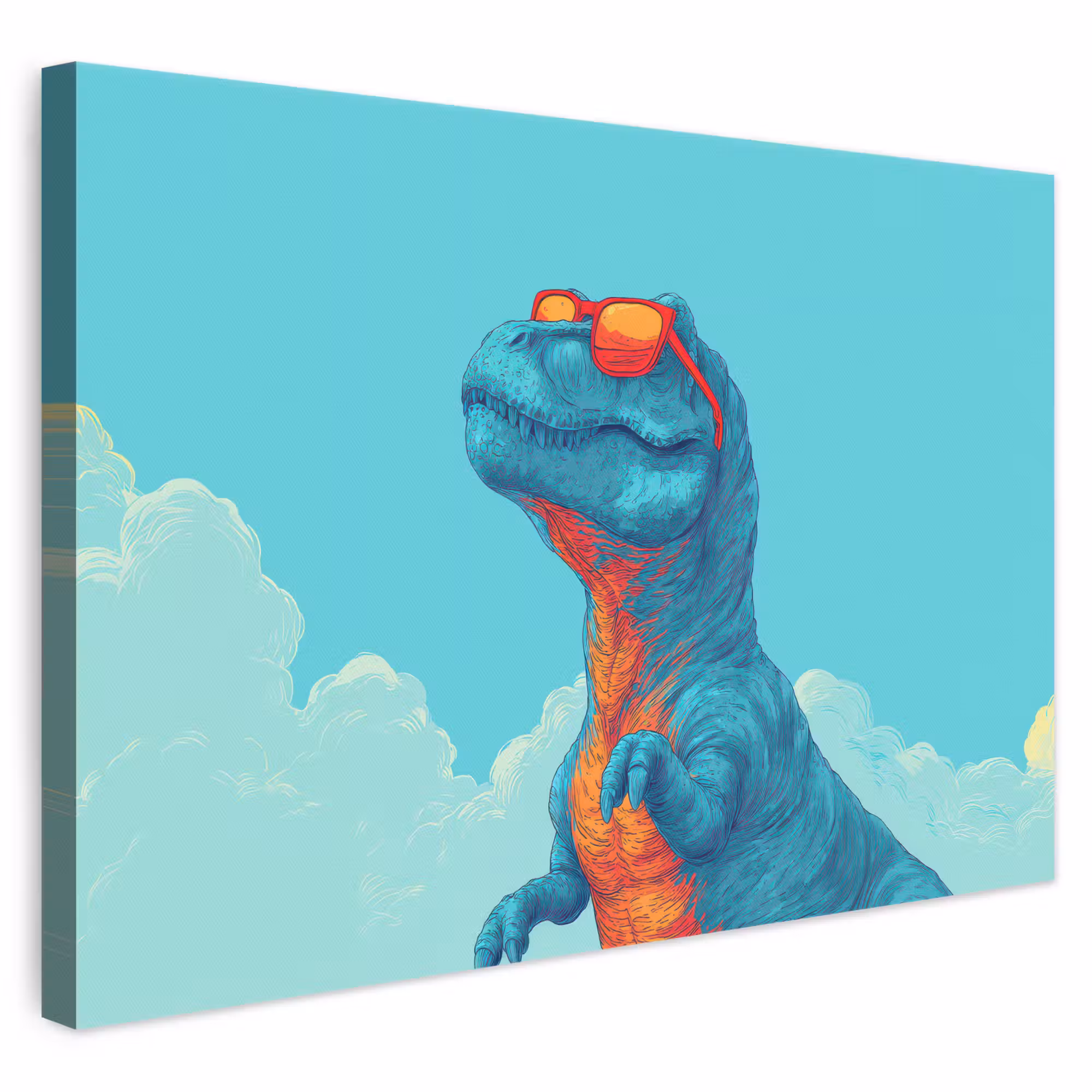 Leinwandbild - T-Rex - Blau - Wolken - Sonnenbrille