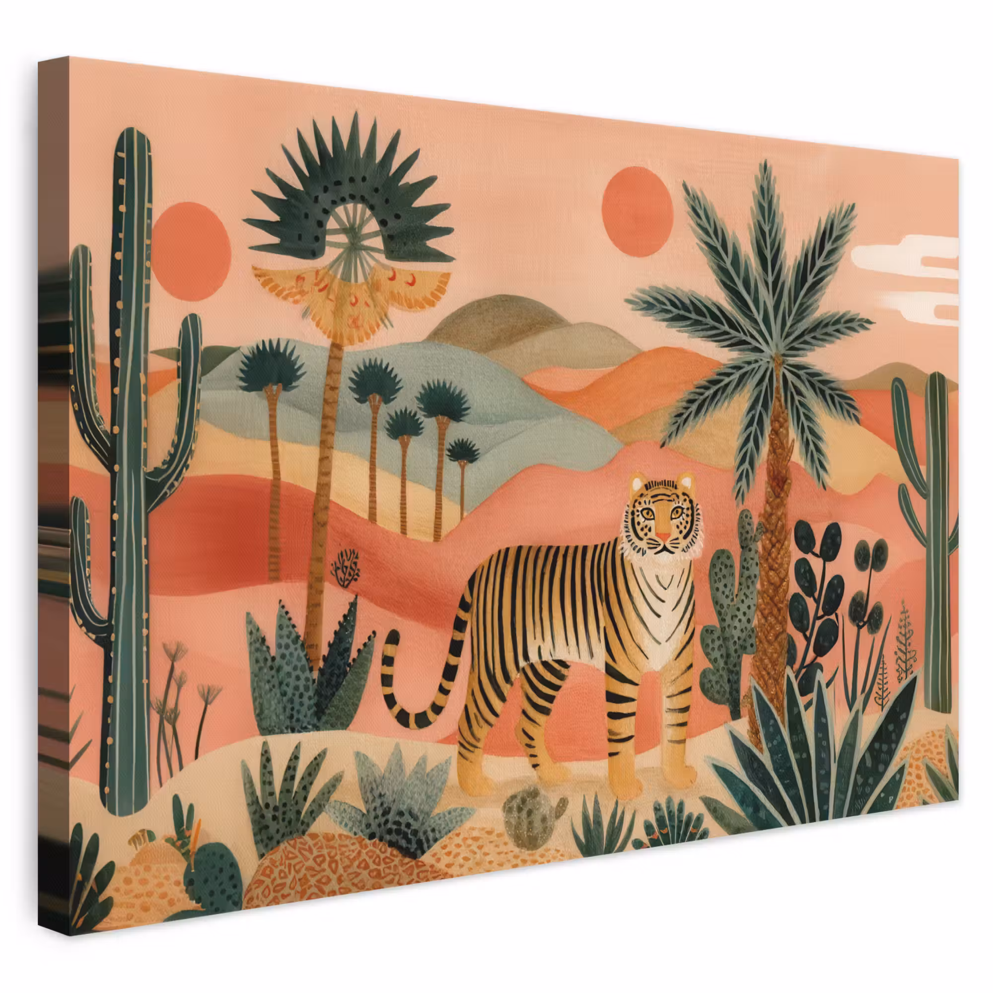 Leinwandbild - Tiger - Palmen - Kaktus - Orange