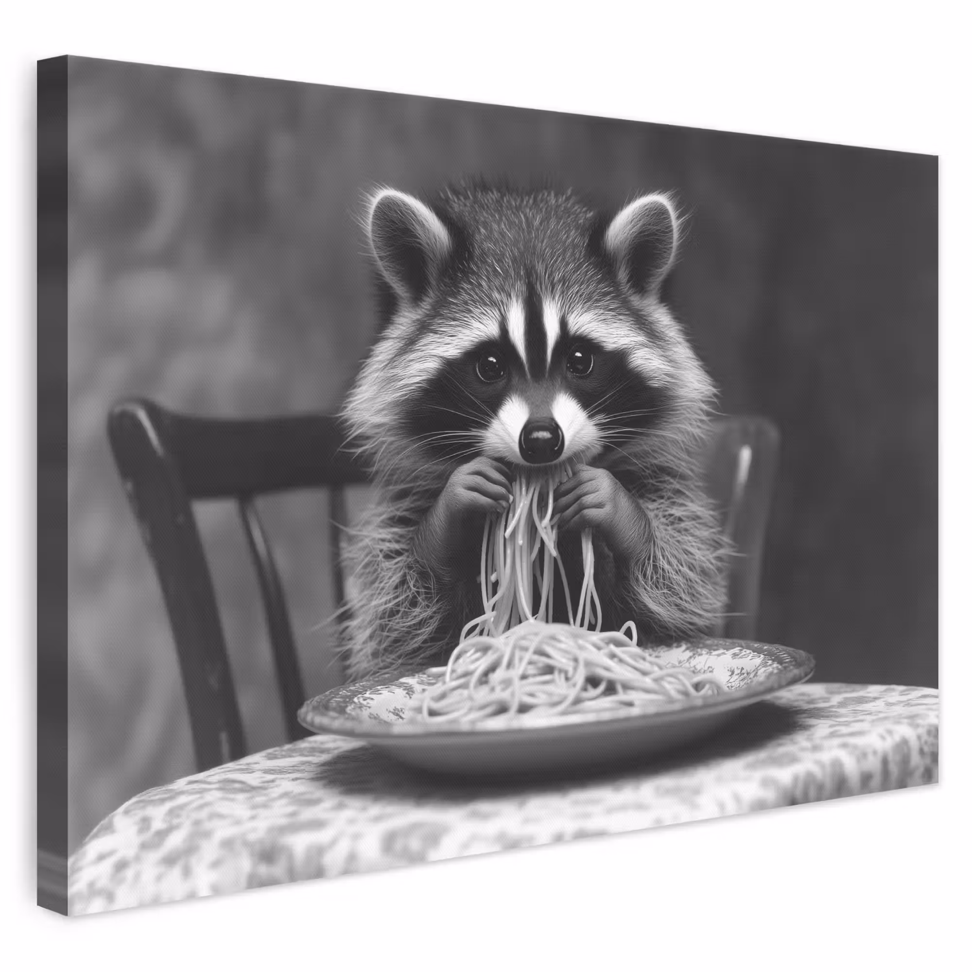 Leinwandbild - Waschbär - Niedlich - Pasta - Tischtuch - Schwarz - Weiß