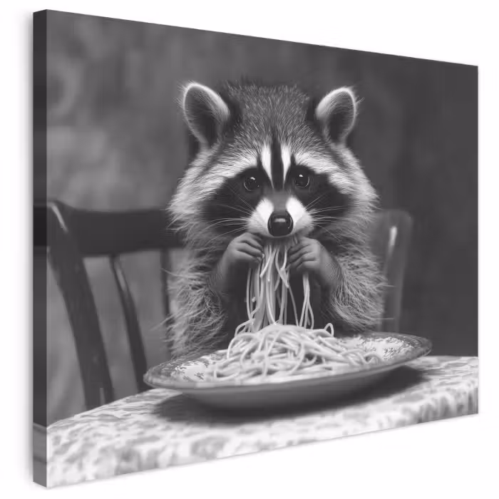 Leinwandbild - Waschbär - Niedlich - Pasta - Tischtuch - Schwarz - Weiß
