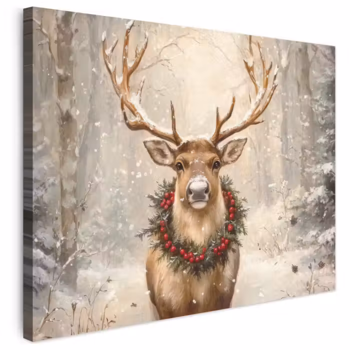 Leinwandbild - Weihnachten - Rentier - Winter - Kranz