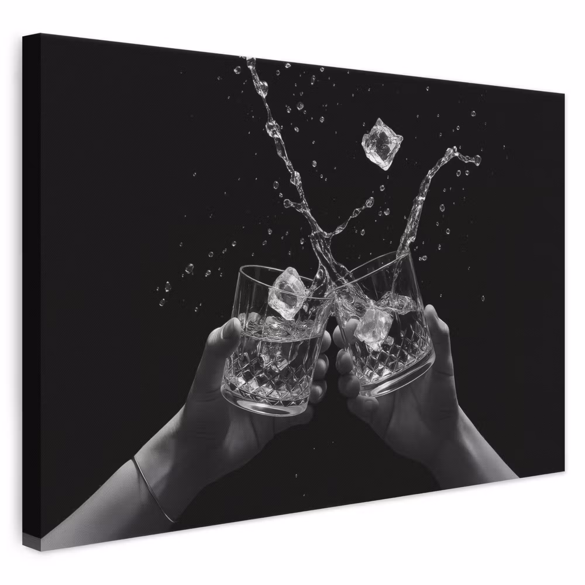 Leinwandbild - Whiskygläser - Eis - Spritzer - Schwarz
