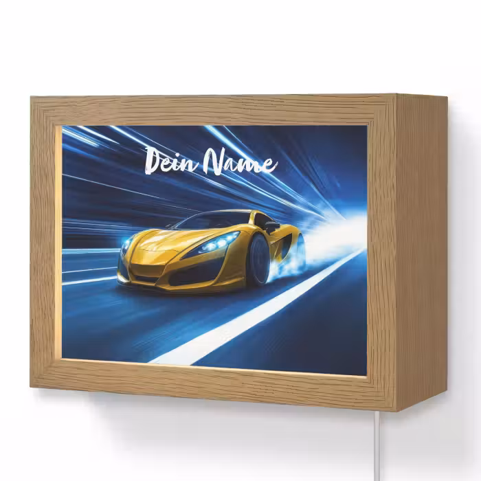 Lightbox - Wandlampe Kinderzimmer mit Namen - Auto - Gelb - Rennen - Blau